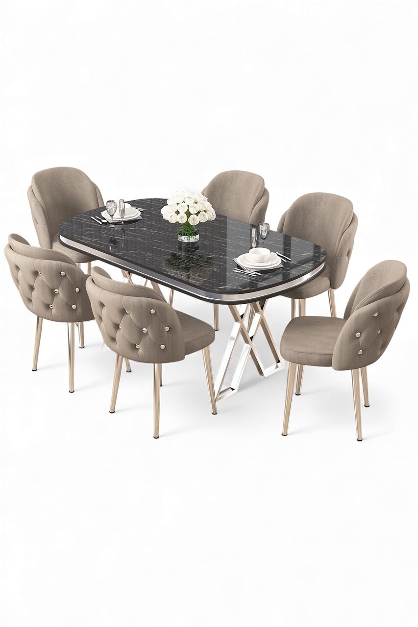 Set masă și scaune (7 piese), Hanah Home, Zae, Marmură neagră / Crom / Cappuccino - view 2