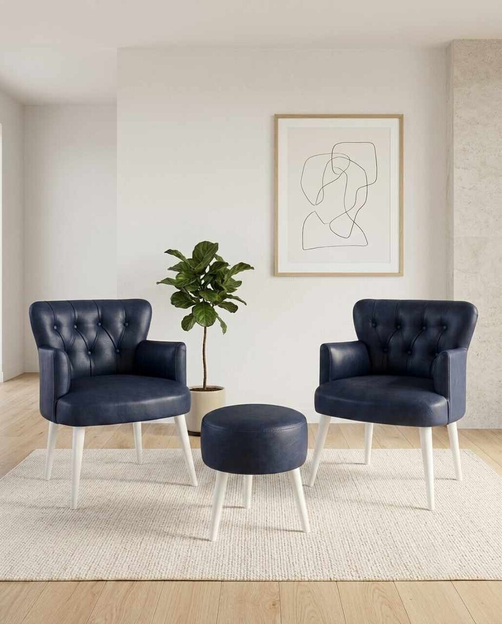 Set fotoliu cu aripioare și puf (3 piese), Atelier del Sofa, 281ELR1203, Albastru inchis