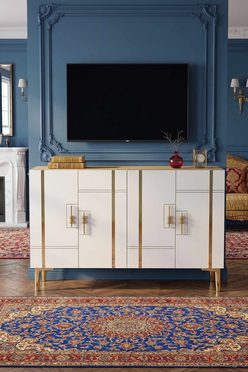 Consola, Hanah Home, Ilay 120, 120x75x32 cm, Stejar Safir / Alb / Auriu — imaginea 2