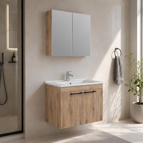 Set Dulap de Baie cu Chiuvetă și Oglindă (2 Piese), Hanah Home, Snap 80, Nuc deschis