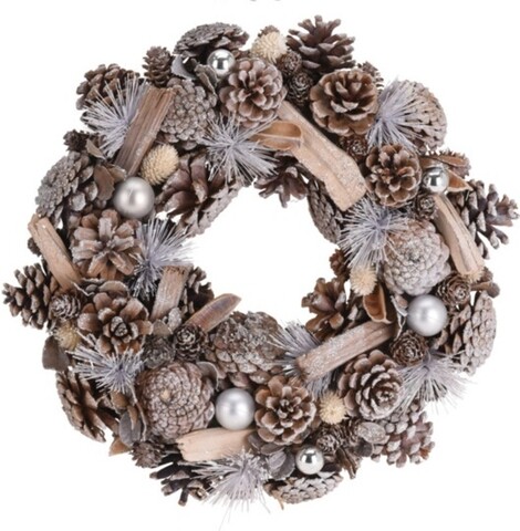 Coronita decorativa Pinecone w ball, 34x9 cm, polistiren, maro/argintiu