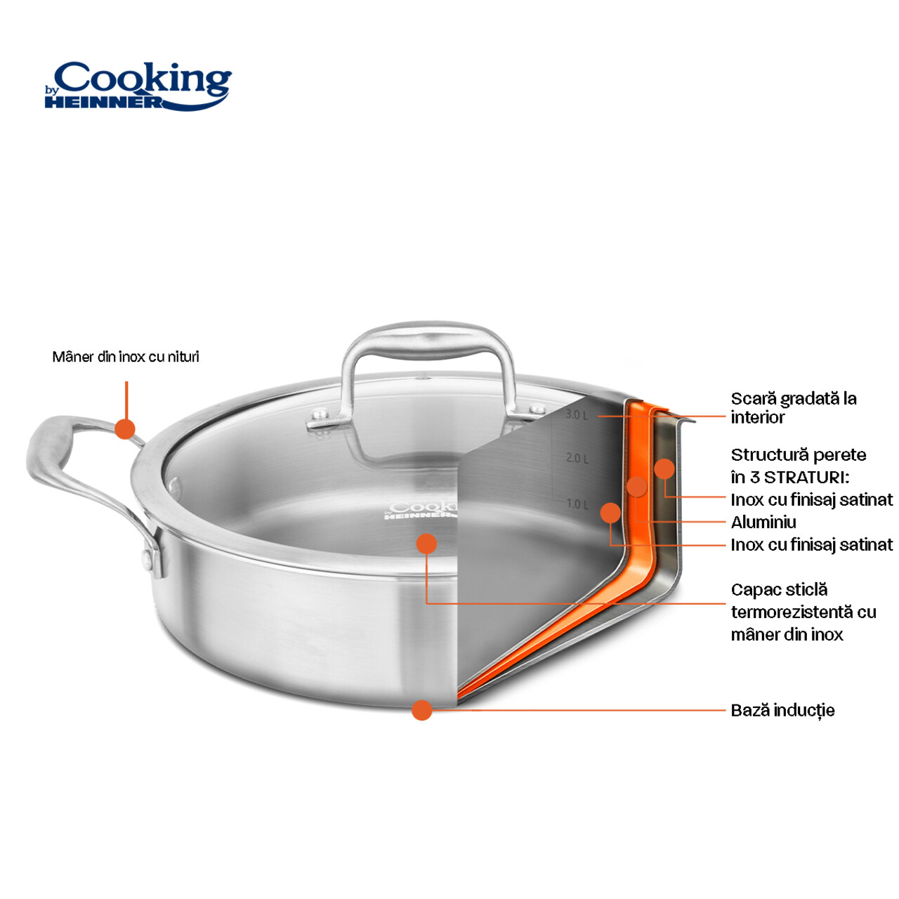 Cratita cu capac Atomic3, Cooking by Heinner, 26x7 cm, 3.5 L, inox/sticla, argintiu - imagine 6