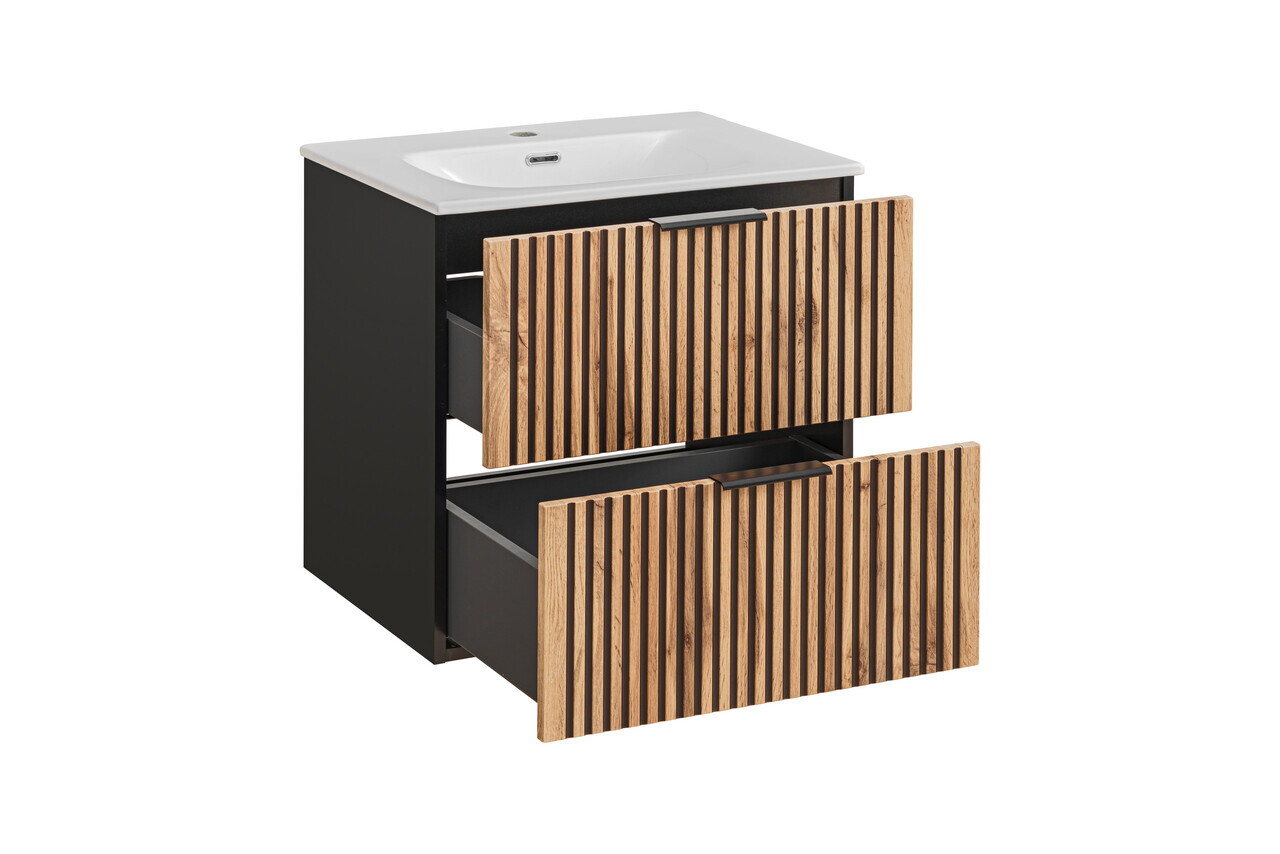 Set dulap de baie cu lavoar si sifon, 60 cm, Xilo, Comad, MDF/PAL laminat, stejar wotan/ gri piatra — imaginea 2