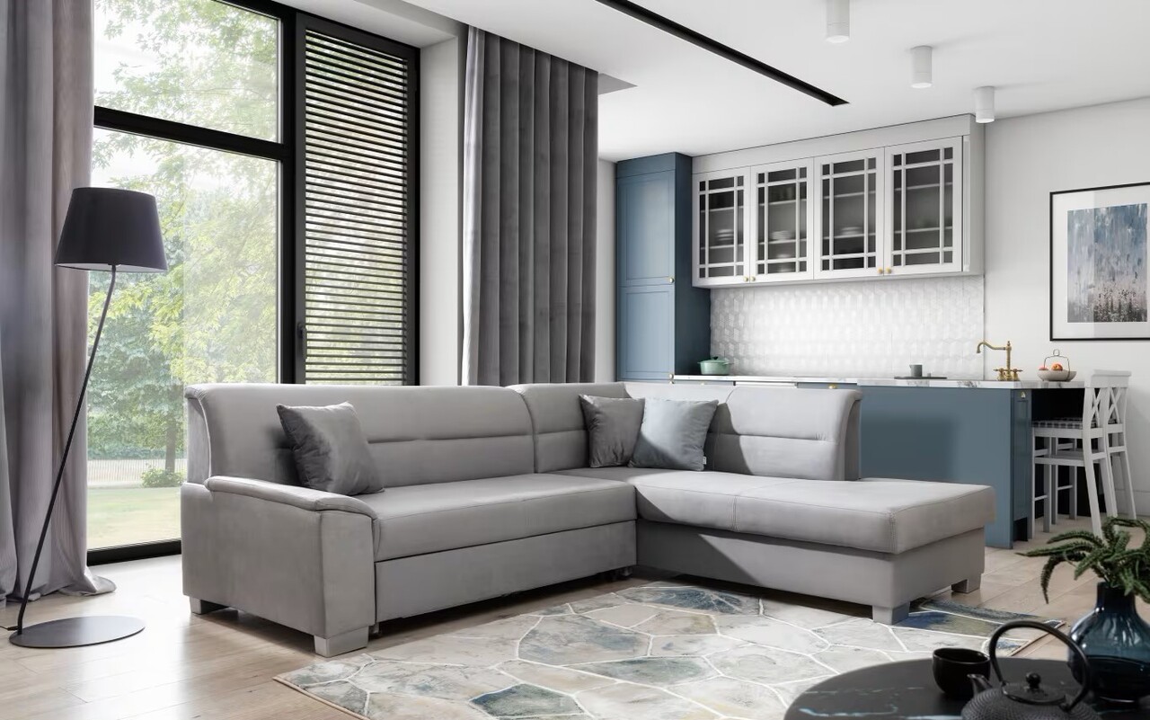 Coltar extensibil dreapta 4 locuri ELTAP, BR19, Bergen, 247x214x83 cm, lemn/poliester, gri deschis - 1 | YEO