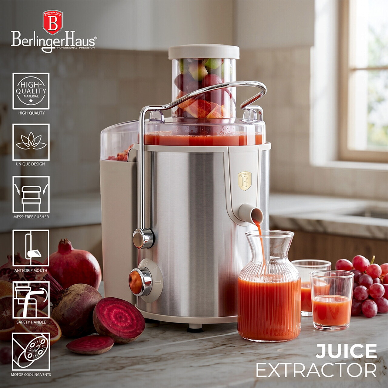 Storcator de fructe Berlinger Haus, Sahara, 500W, 600 ml/1300 ml, inox, crem/argintiu - view 7