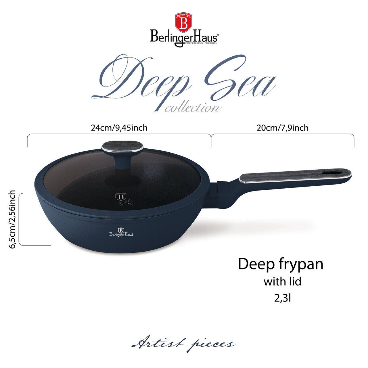 Tigaie adanca cu capac Berlinger Haus, Deep Sea, 24 cm, 2.3 L, aluminiu forjat, albastru mat/gri - imagine 9