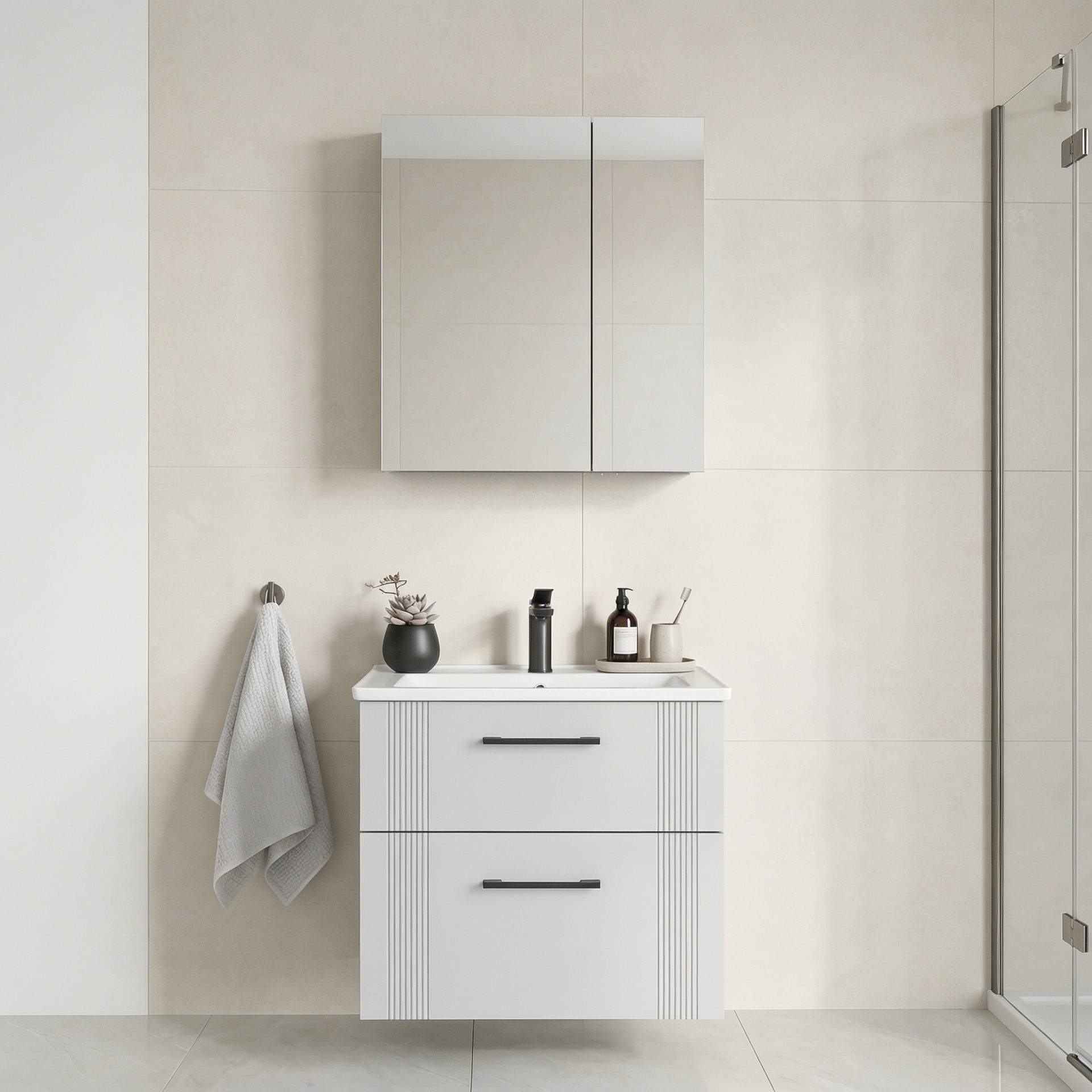 Set Dulap de Baie cu Chiuvetă și Oglindă (2 Piese), Hanah Home, Bari 65 v2, Alb mat