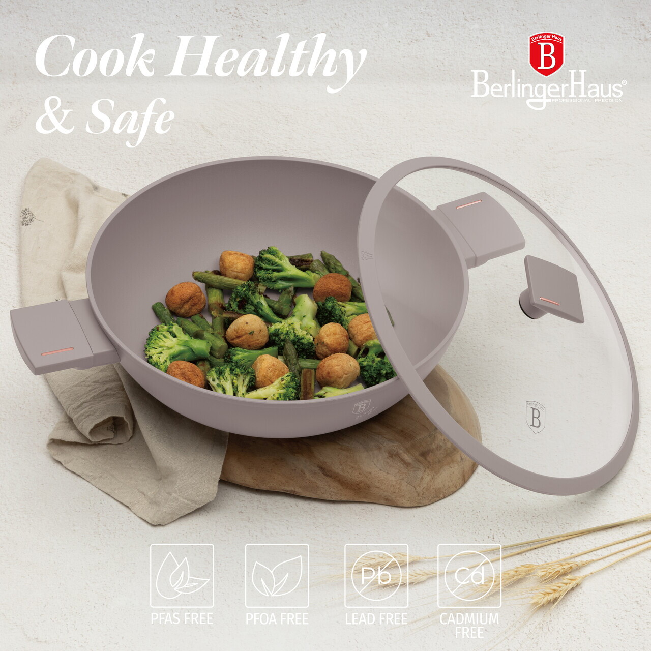 Tigaie Wok cu capac Berlinger Haus, Taupe, 30 cm, aluminiu forjat, taupe mat - imagine 8