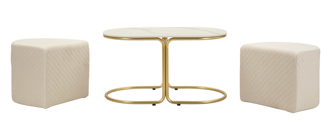 Set masuta de cafea si 2 taburete, Mauro Ferretti, Relax, 79x45x44 cm, lemn de pin/poliester, alb/auriu - imagine 8