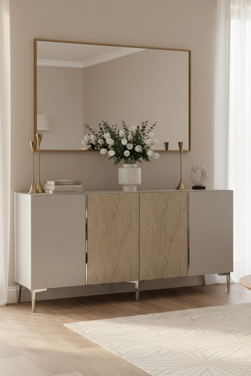 Consola, Hanah Home, Poli 150, 150x75x32 cm, White / Travertine / Silver — imaginea 3