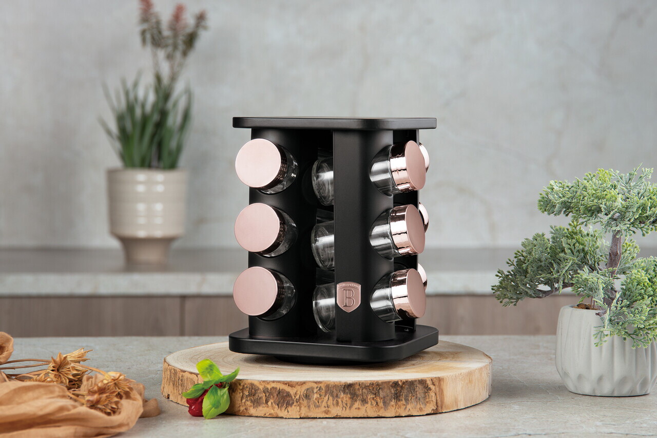 Set 12 recipiente pentru condimente si suport Berlinger Haus, Black Rose, 18x21.5 cm, 90 ml, sticla, negru/roz - imagine 2