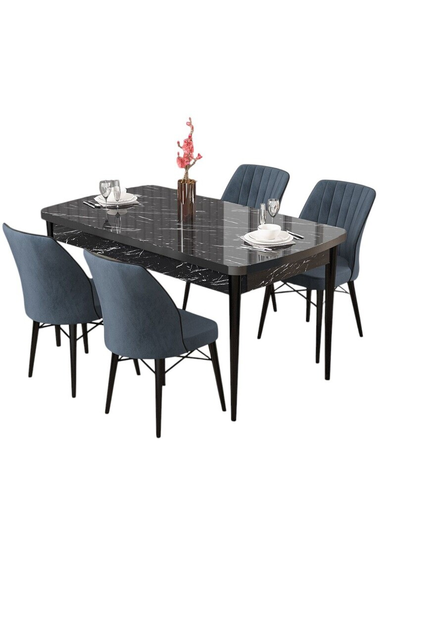 Set masa si scaune (5 piese), Hanah Home, Radde, Model de marmură neagră / Antracit — imaginea 2