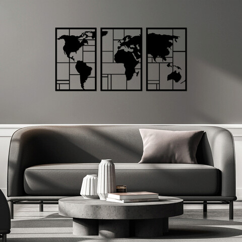 Decoratiune de perete, world map 3, metal, 48 x 74 cm, 3 piese, negru