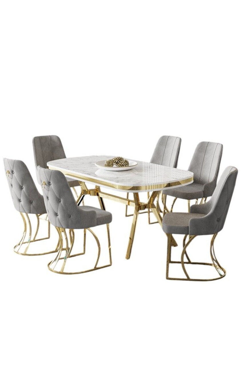 Set masa si scaune (7 piese), Hanah Home, Epal, Model de marmură albă / Auriu / Gri — imaginea 2