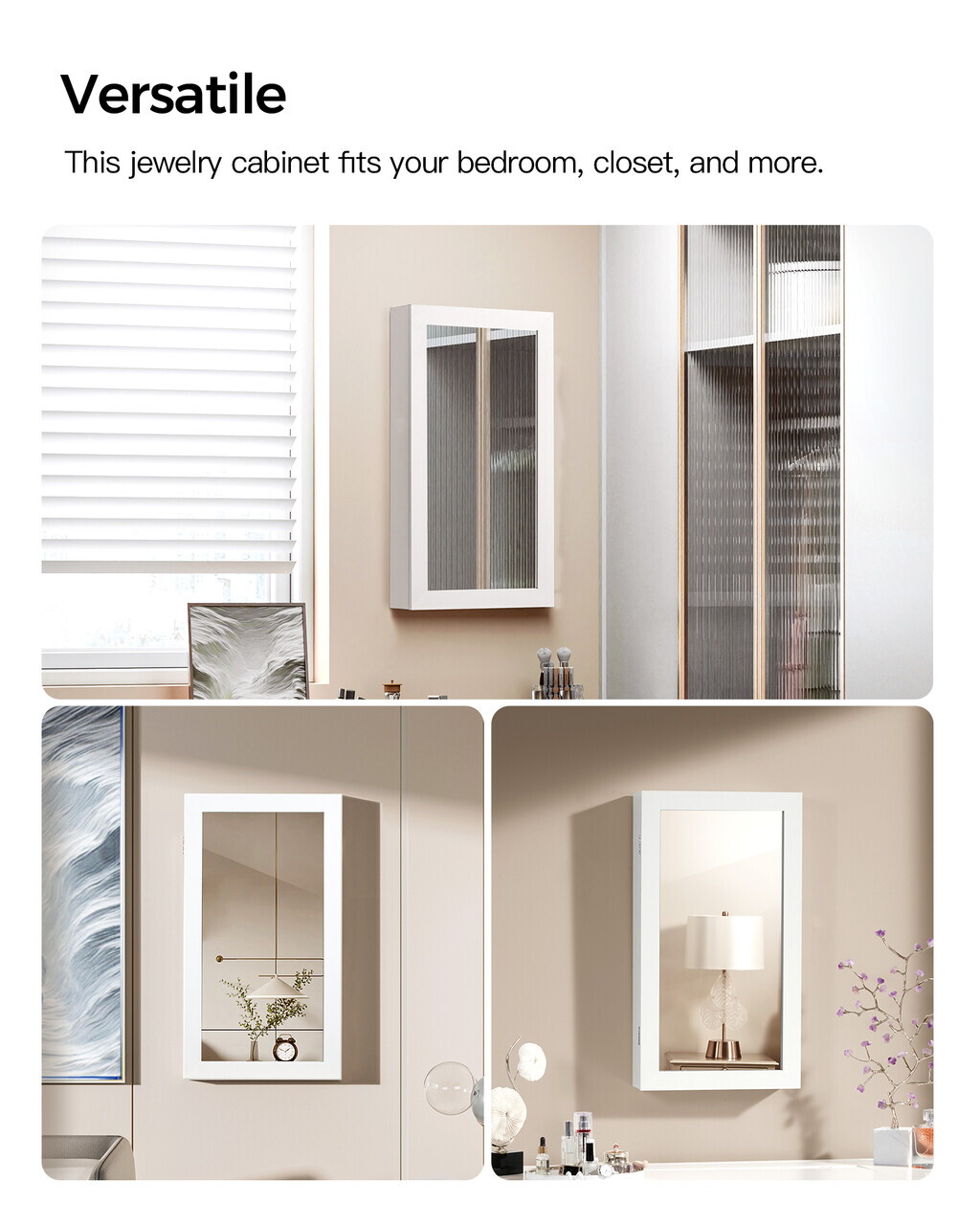 Cabinet pentru bijuterii cu oglinda si fixare pe perete, Songmics, MDF, 37x10x67 cm, alb — imaginea 6