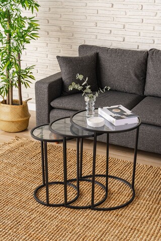 Set masute 3 piese, Caliente, Alya, Negru/Transparent
