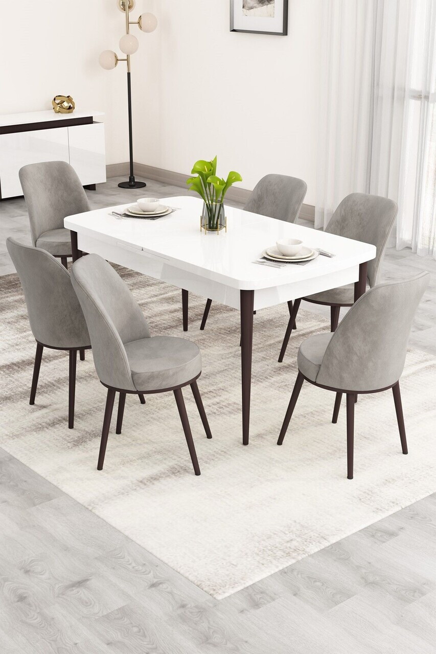 Set masa extensibila si scaune (7 piese), Hanah Home, Nix, Alb / Maro / Gri