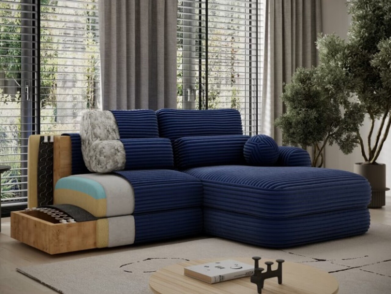 Coltar extensibil dreapta 3 locuri ELTAP, Ripeli, 217x175x96 cm, lemn/catifea din poliester, albastru inchis — imaginea 12