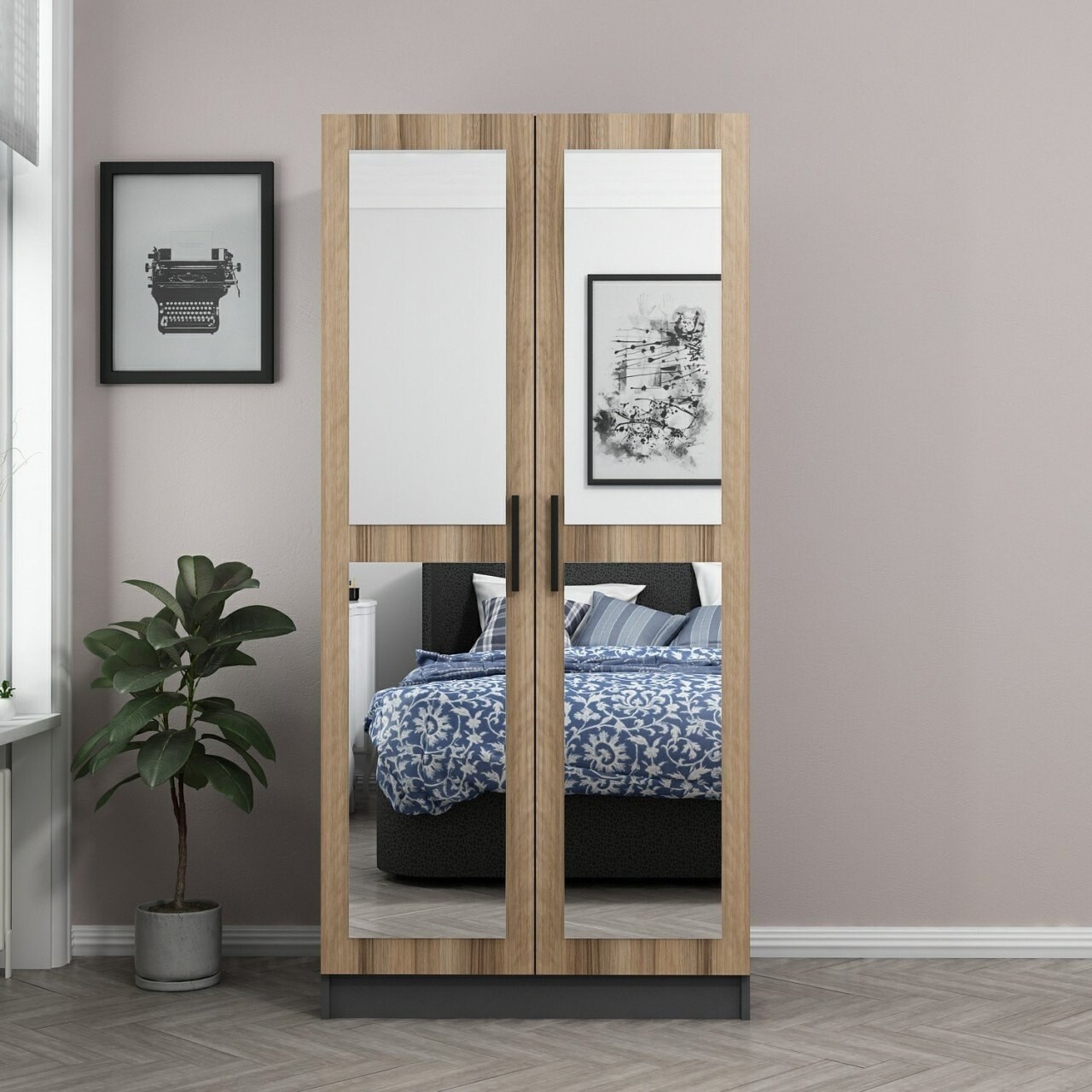 Dulap pentru haine, Minerva, Kale Mirror Anthracite Oak, 90x210x52 cm, PAL, Antracit / Stejar - 1 | YEO