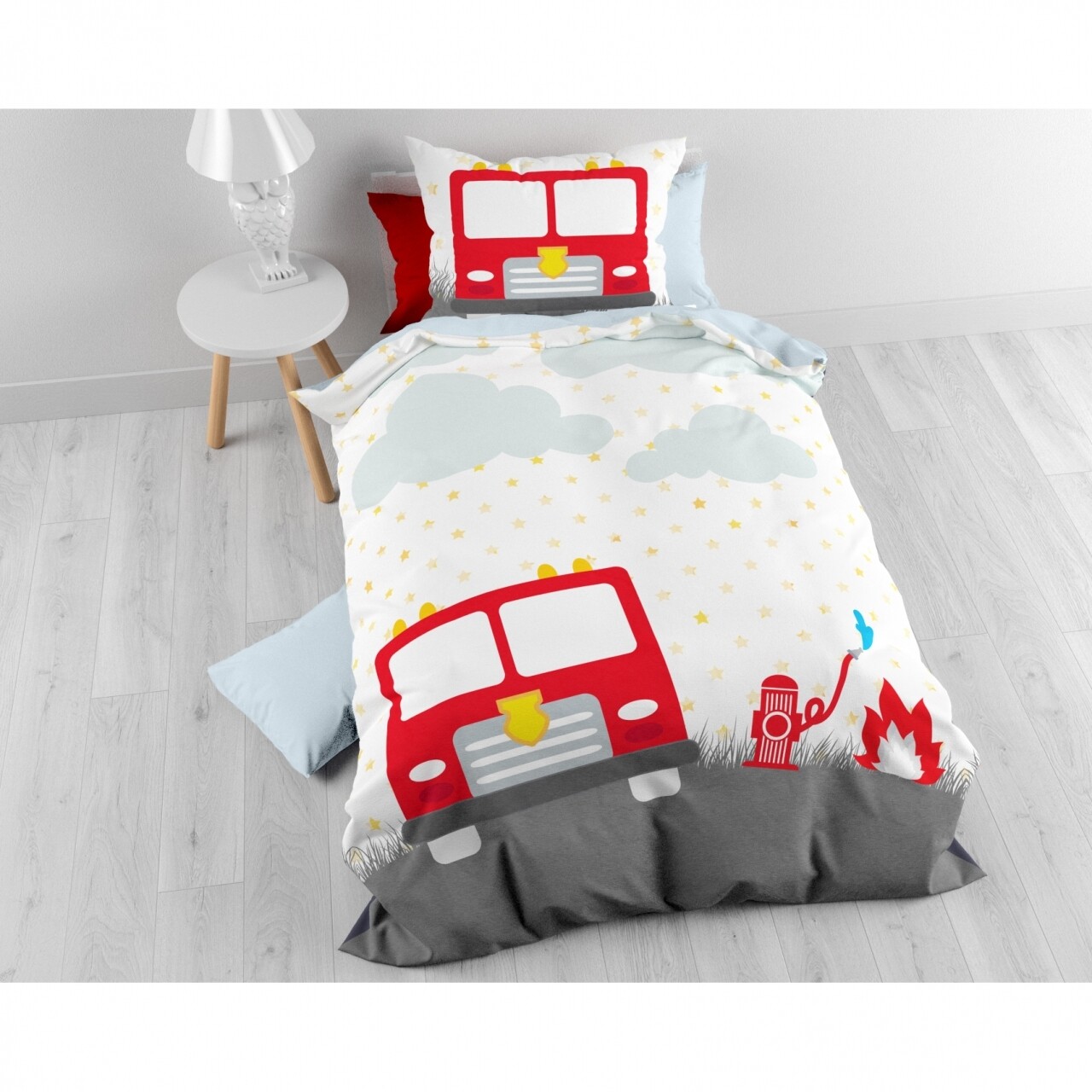 Lenjerie De Pat Pentru O Persoana, Small Fireman White, Royal Textile, 2 Piese, 140 X 200 Cm, 100% Bumbac, Multicolora