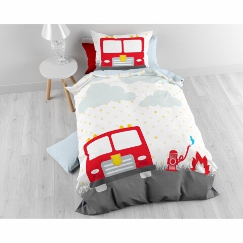 Lenjerie de pat pentru o persoana, Small Fireman White, Royal Textile, 2 piese, 140 x 200 cm, 100% bumbac, multicolora