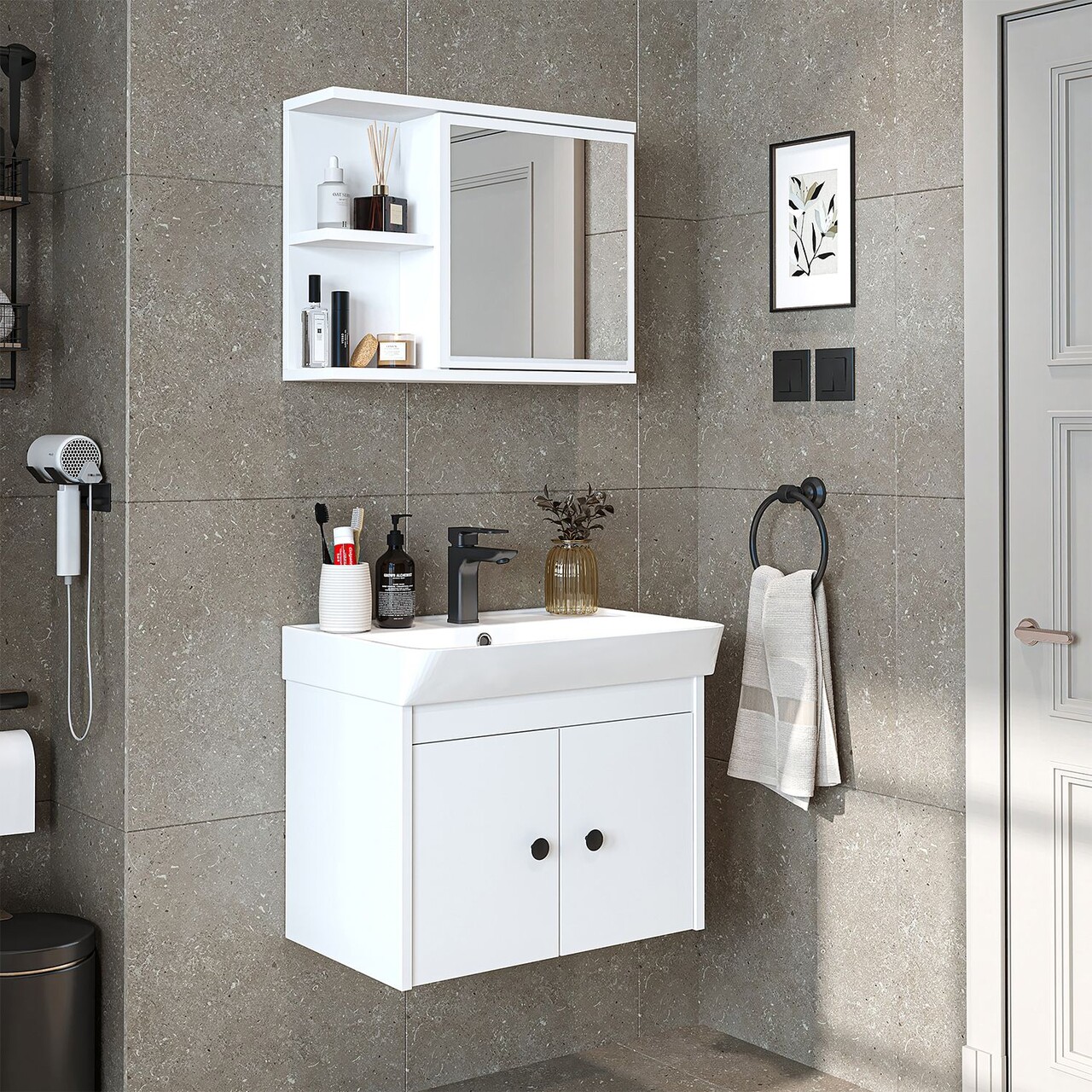 Set Dulap de Baie cu Chiuvetă și Oglindă (2 Piese), Hanah Home, 2677, PAL MELAMINAT, Alb