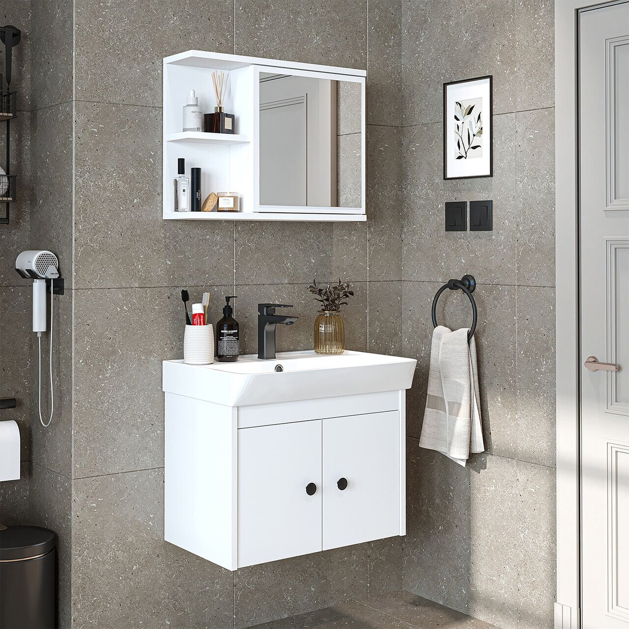 Set Dulap de Baie cu Chiuvetă și Oglindă (2 Piese), Hanah Home, 2677, PAL MELAMINAT, Alb