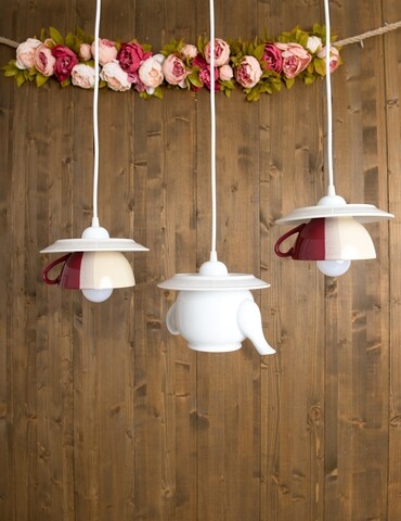 Lustra tea time triple crazy, deco republic, e27, 1x60w, ceramica, ceainic + cesti, alb/visiniu