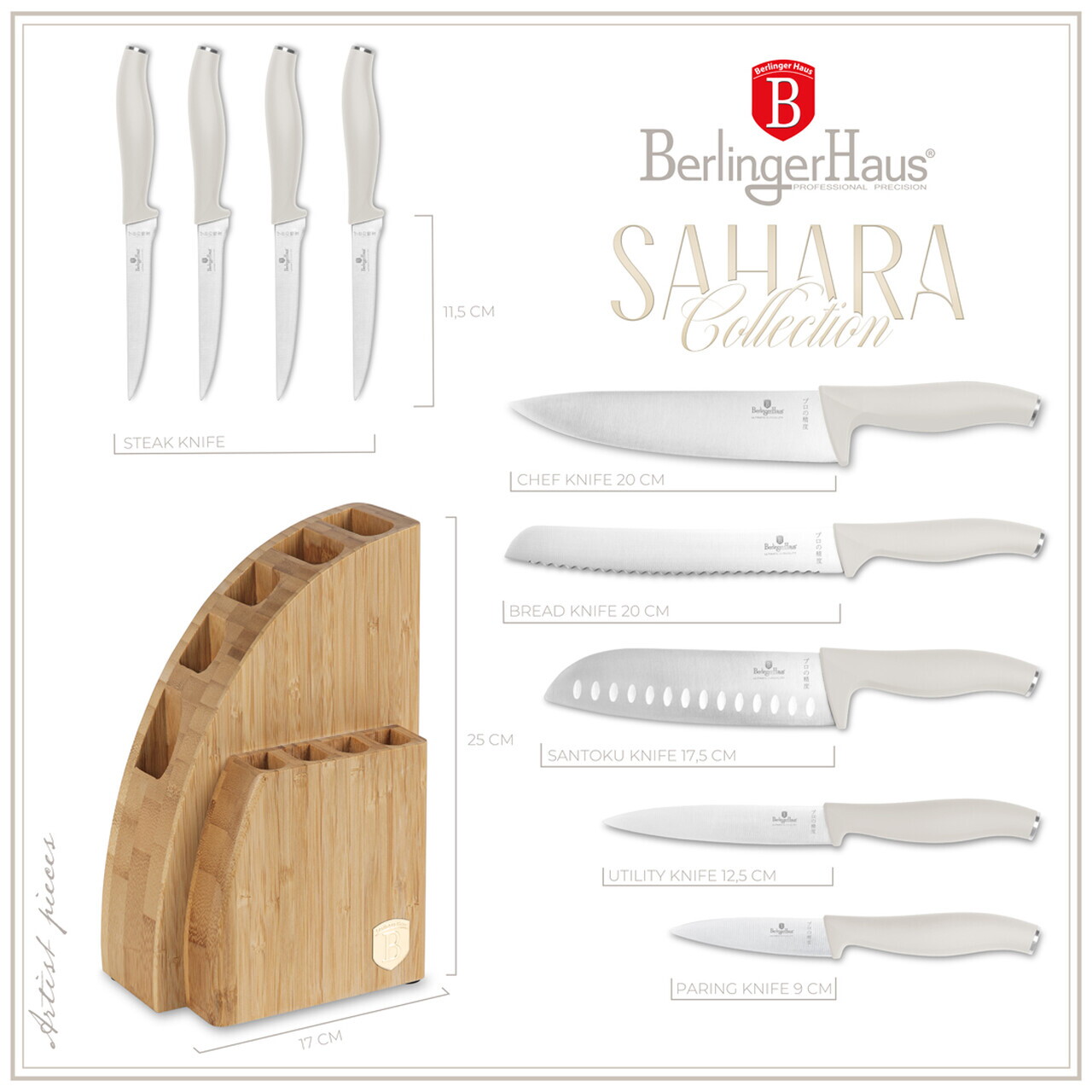Set 9 cutite cu suport Berlinger Haus, Sahara, inox/bambus, crem mat/natur - imagine 8