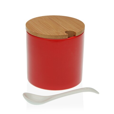 Poza Zaharnita cu capac si lingurita Red Round, Versa, 8x8x8 cm, ceramica/bambus