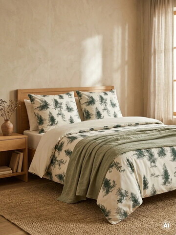 Lenjerie de pat King Size, Peisa, Homla, 200x220 cm, 3 piese, bumbac, bej/verde