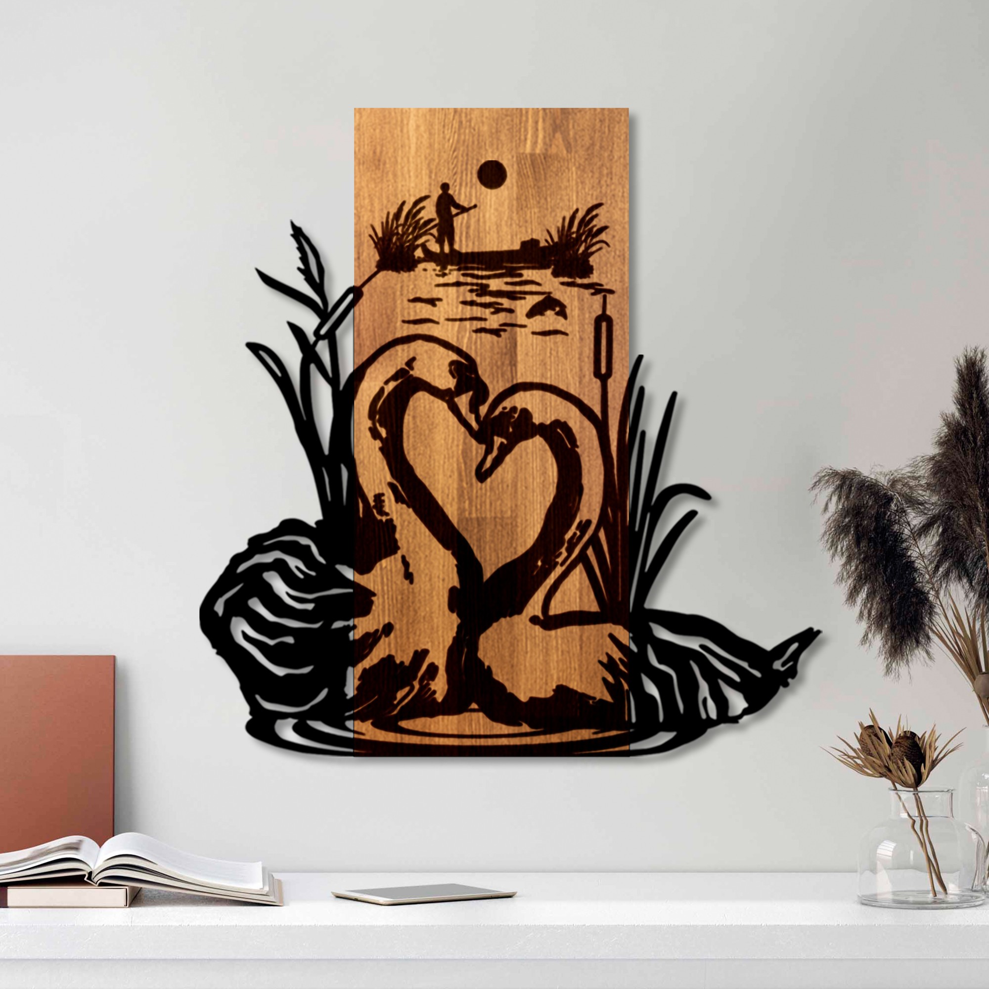 Decoratiune de perete, Swan Lake, Lățime: 57 cm, Nuc / Negru