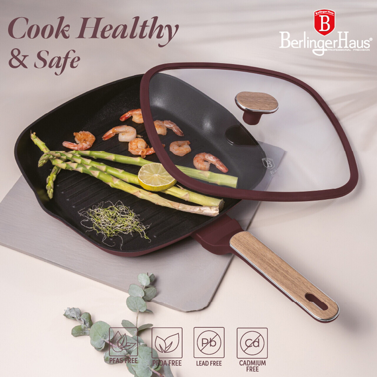 Tigaie grill cu capac Berlinger Haus, Leonardo Nordic, 28 cm, 2.1 L, aluminiu forjat, visiniu mat - imagine 12