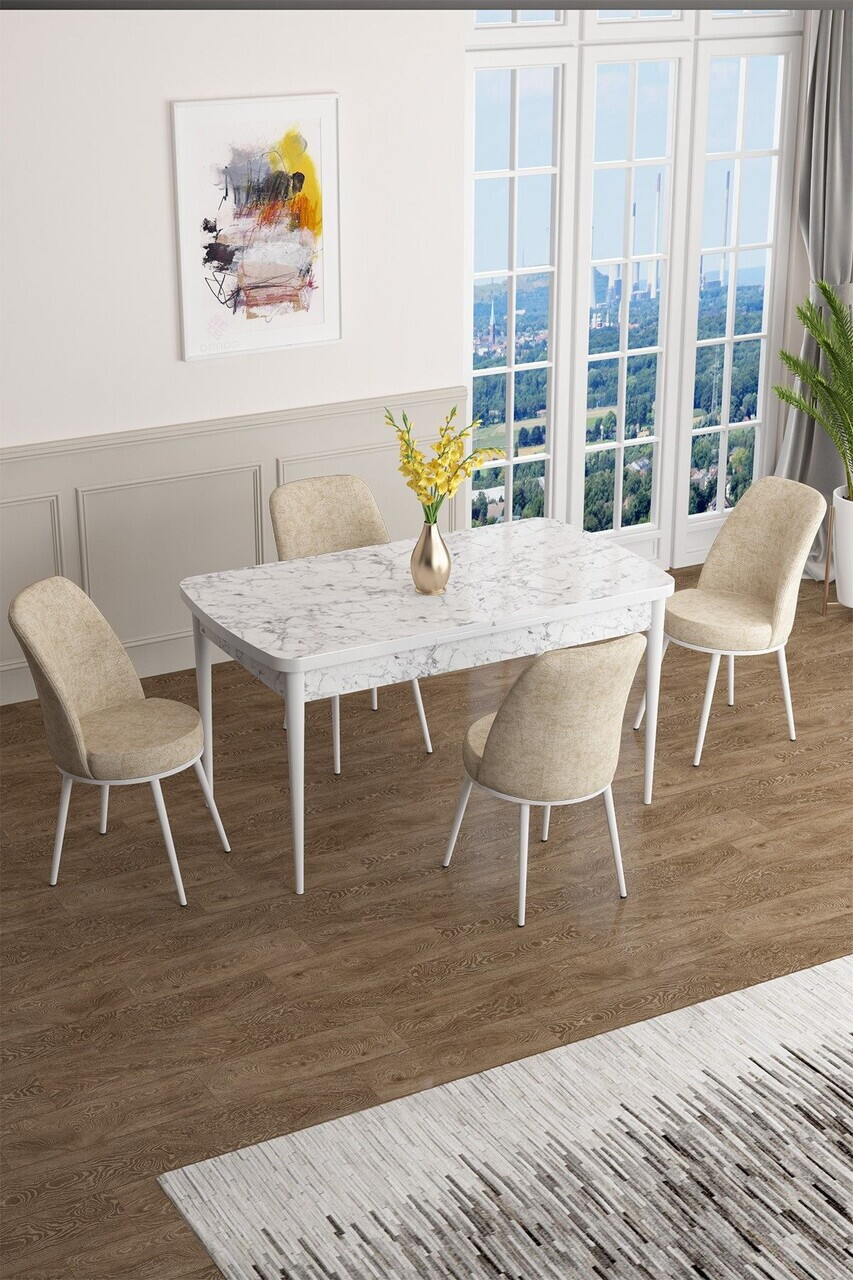 Set masa extensibila si scaune (5 piese), Hanah Home, Han, Model de marmură albă / Crem