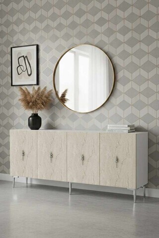 Consola, Hanah Home, Ayshe 180, 180x75x32 cm, White / Travertine / Silver