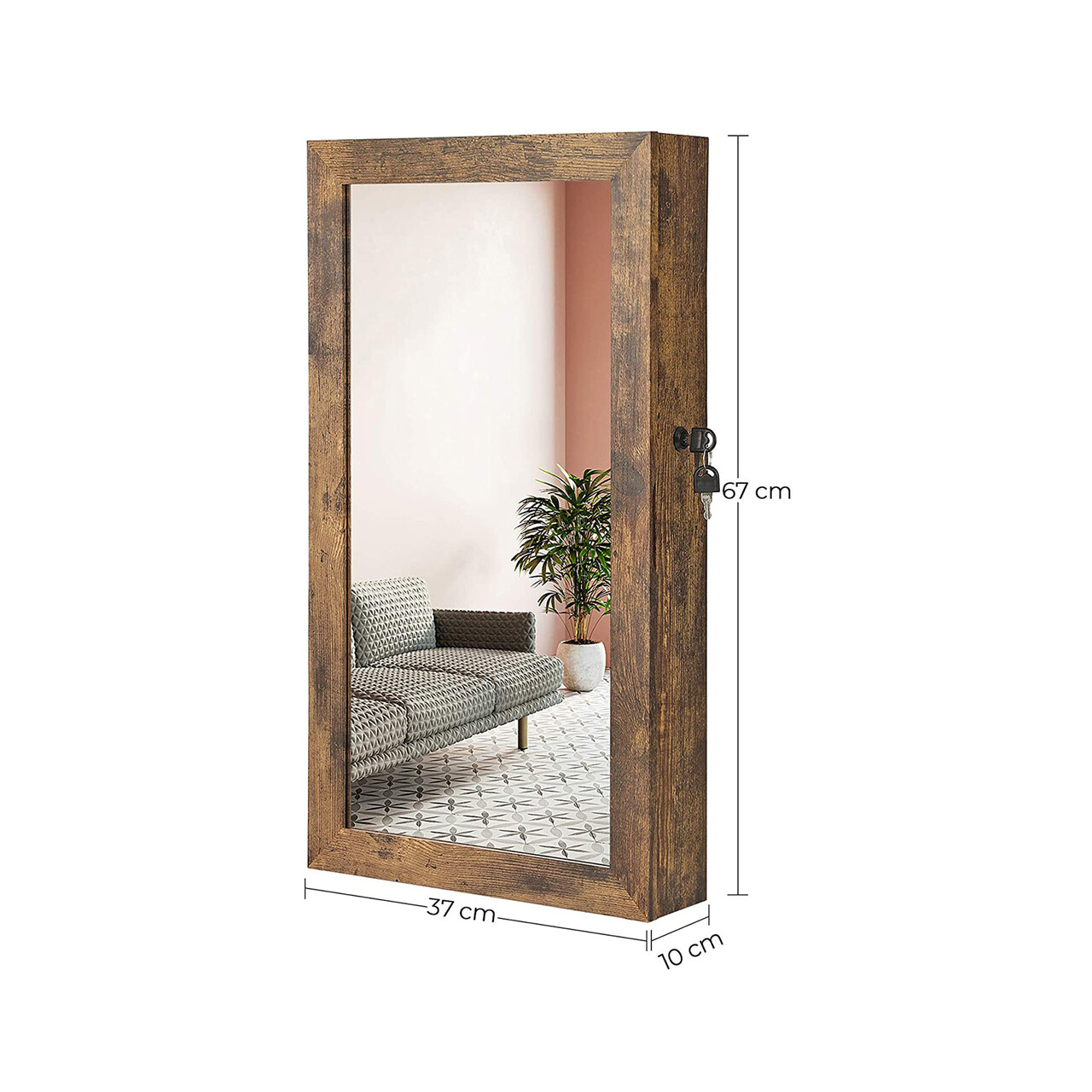 Dulapior de bijuterii cu oglinda, Songmics, cu fixare pe perete, 37x10x67 cm, MDF/catifea, maro - imagine 8