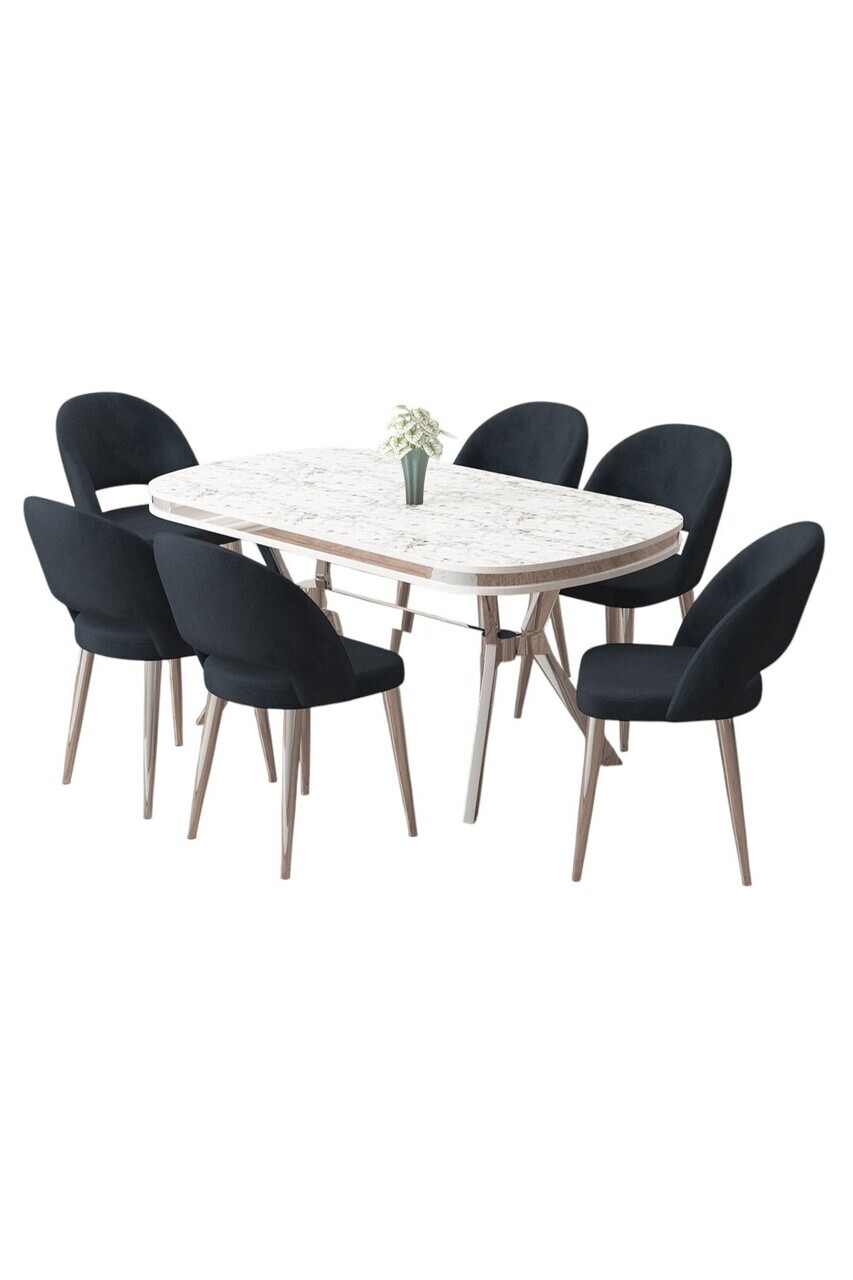Set masa si scaune (7 piese), Hanah Home, Jita, Model de marmură albă / Crom / Antracit — imaginea 2