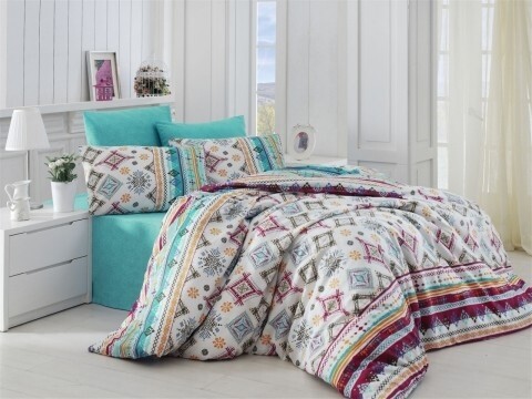 Lenjerie de pat dubla, 4 piese, amestec bumbac, Nazenin Home, Keysy, multicolora