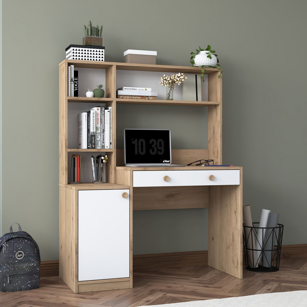 Set birou si biblioteca, Hanah Home, HA126, 115x146x50 cm, PAL melaminat, Nuc/Alb - view 4