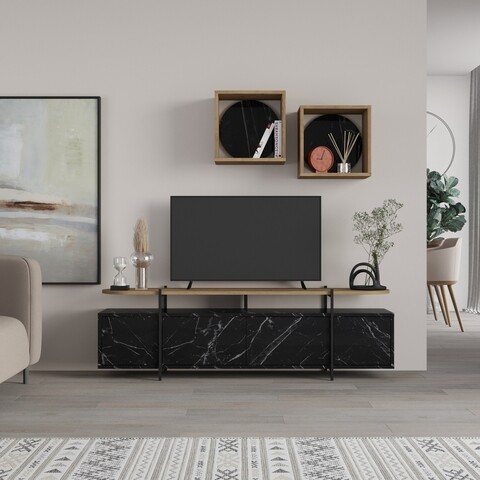 Comoda TV cu 2 rafturi, Decortie, Hanley, pal melaminat, negru/nuc
