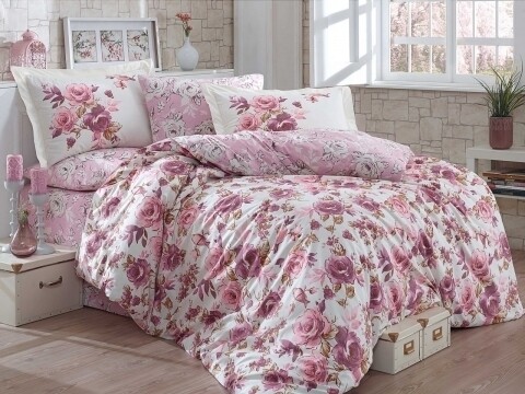 Lenjerie de pat dubla, 4 piese, 100% bumbac poplin, Hobby, Alessia Dusty Rose, roz