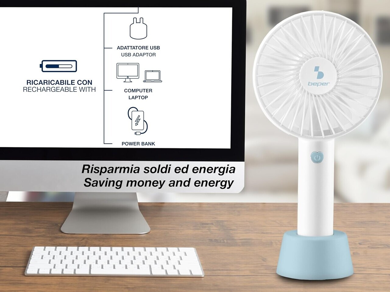 Ventilator USB, Beper, 4W, 3 viteze, alb/albastru - view 3