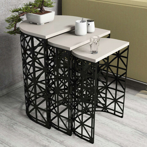 Set masute 3 piese, hommy craft, stil metal ferforje, crem/negru