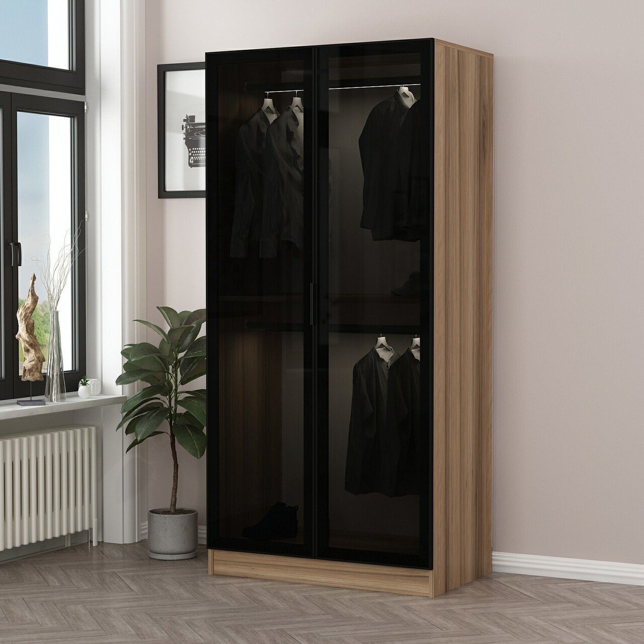 Dulap pentru haine, Minerva, Kale Glass Dark Grey1, 90x210x52 cm, PAL, Gri inchis - 1 | YEO