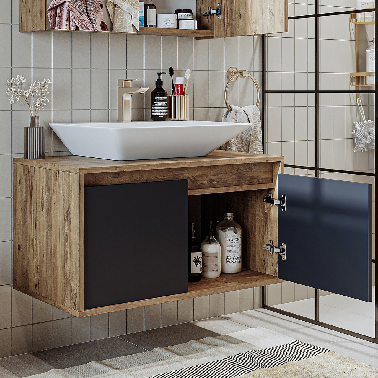Dulap de baie cu chiuvetă, Hanah Home, 1706, 85x58x45 cm, MDF-LAM, Pin Atlantic / Antracit — imaginea 3