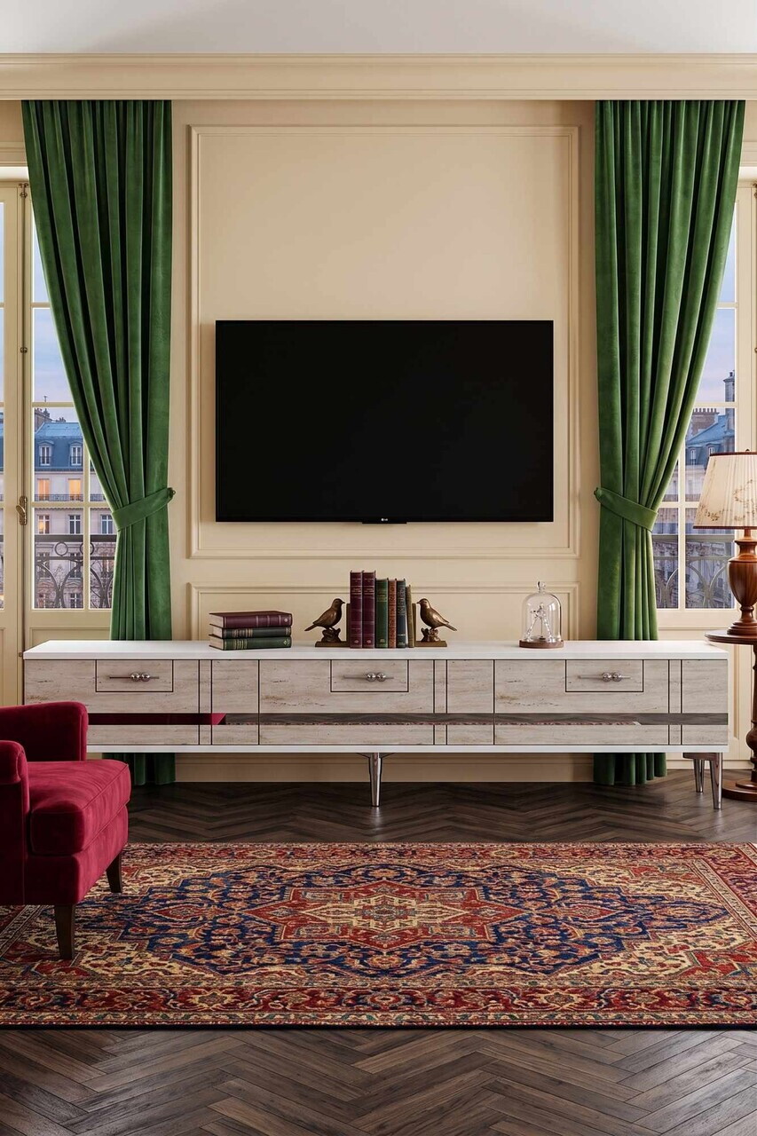 Comoda TV, Hanah Home, Ilay, 180x41x30 cm, White / Travertine / Silver — imaginea 4