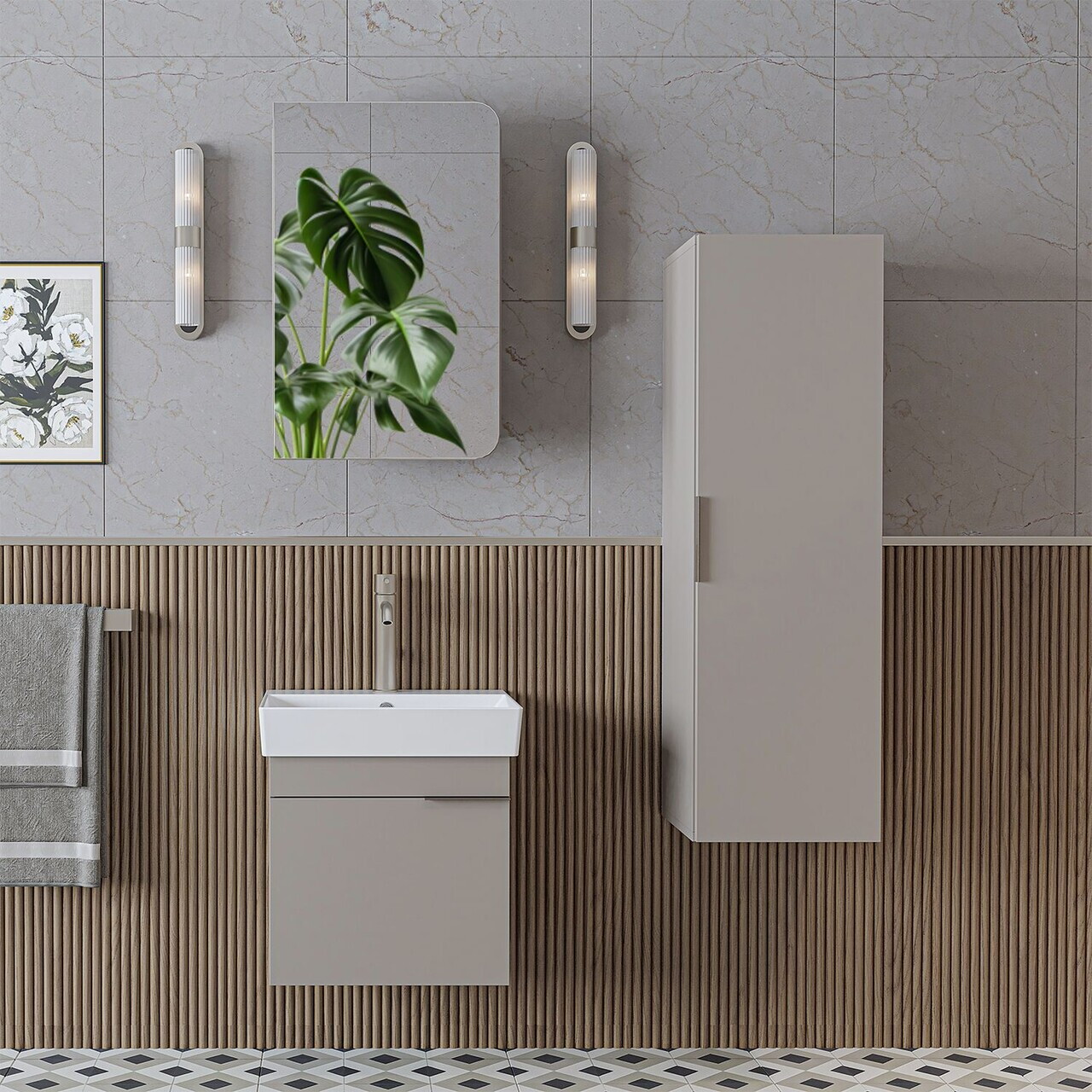 Set Dulap de Baie cu Chiuvetă și Oglindă (3 Piese), Hanah Home, 2939, PAL MELAMINAT, Gresie — imaginea 2
