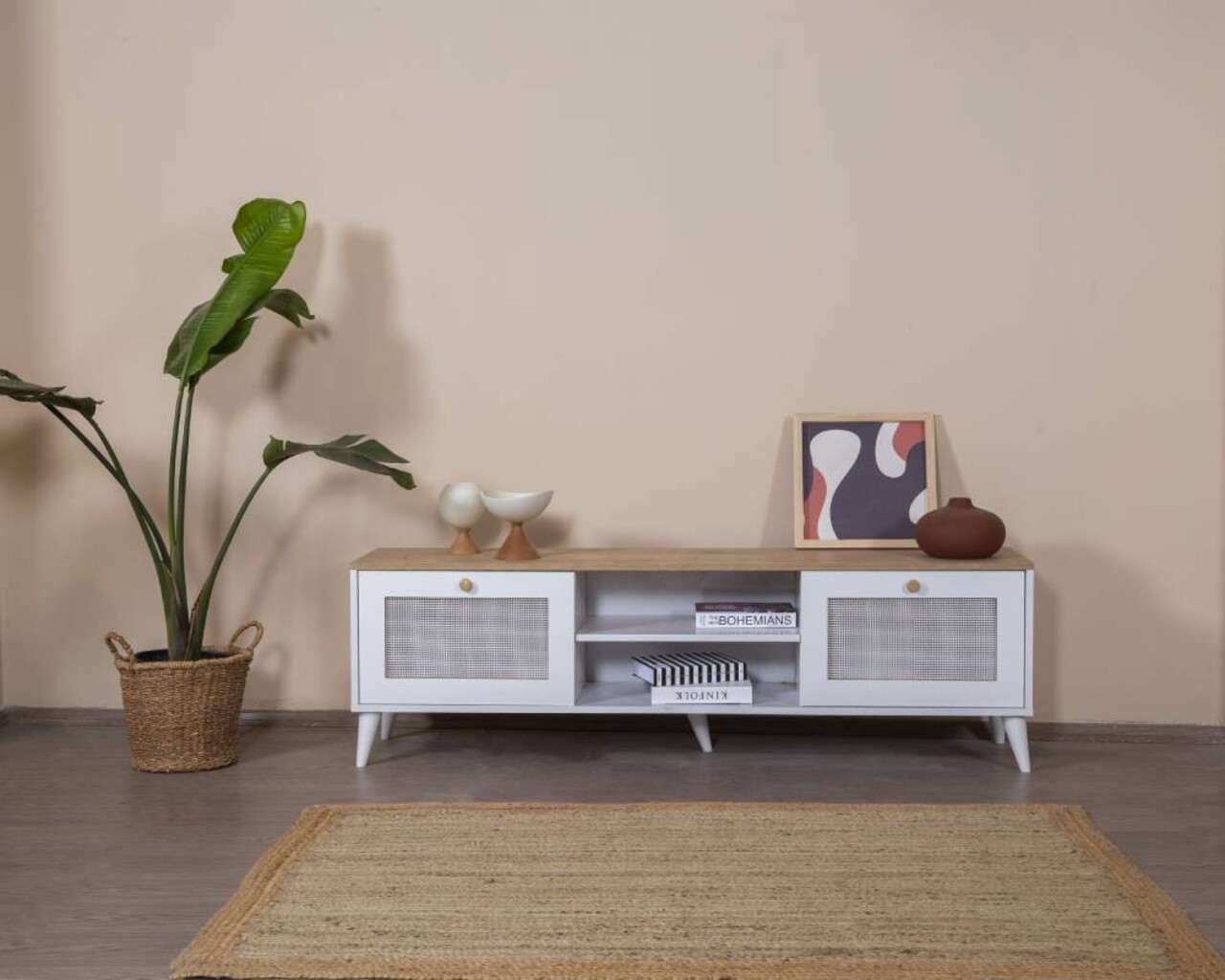 Comoda TV, Wolina, Calvin, 55x180x41 cm, Stejar alb
