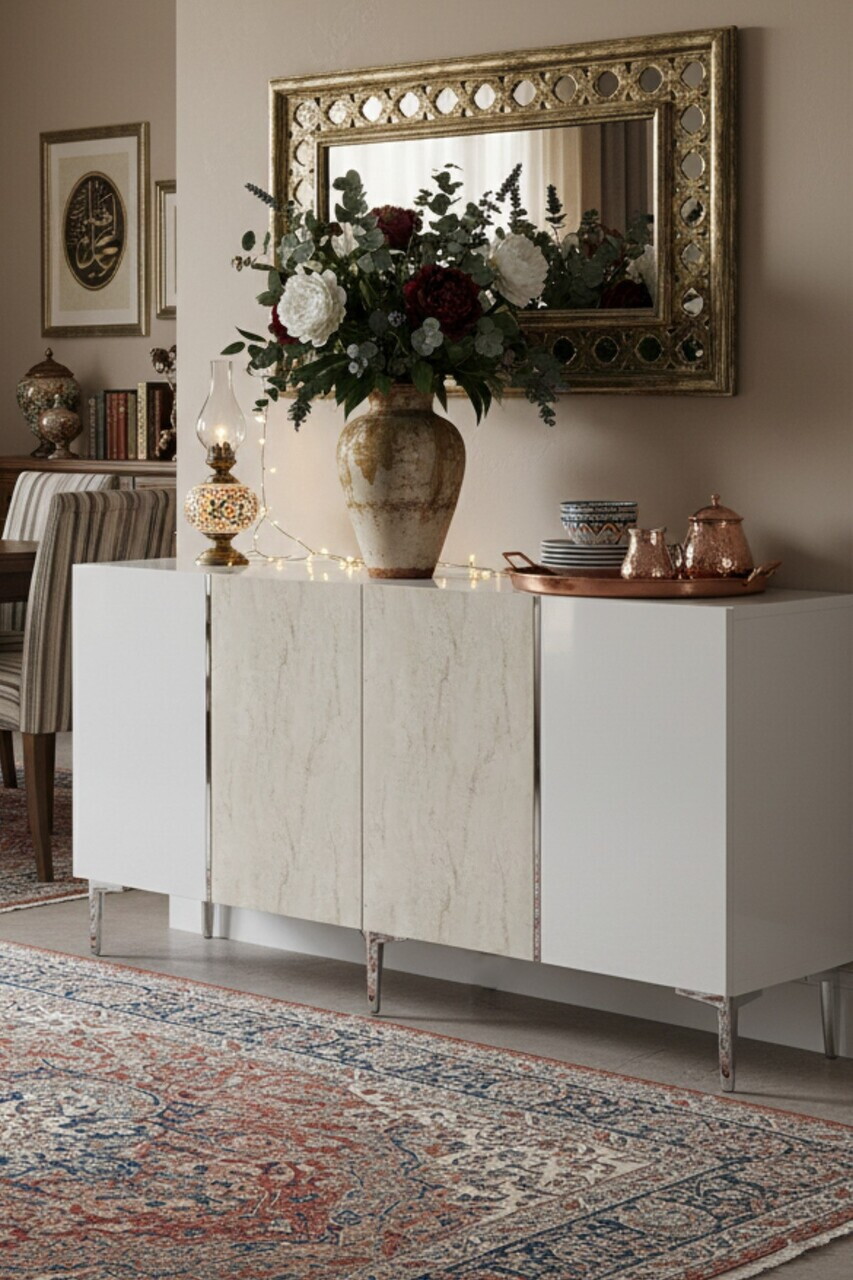 Consola, Hanah Home, Poli 150, 150x75x32 cm, White / Travertine / Silver — imaginea 2
