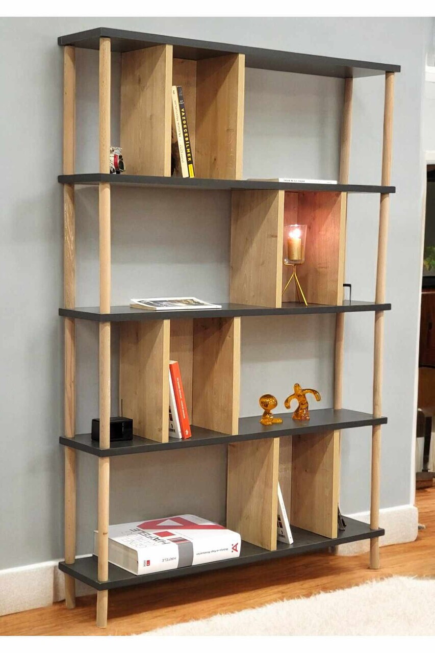 Corp biblioteca, Hanah Home, Peka-0045, 90x137x20 cm, PAL, Antracit / Stejar — imaginea 3